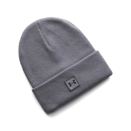 Tuque d'hiver - Under Armour en tricot gris, style classique avec revers, vue de dessus, unisexe adulte.