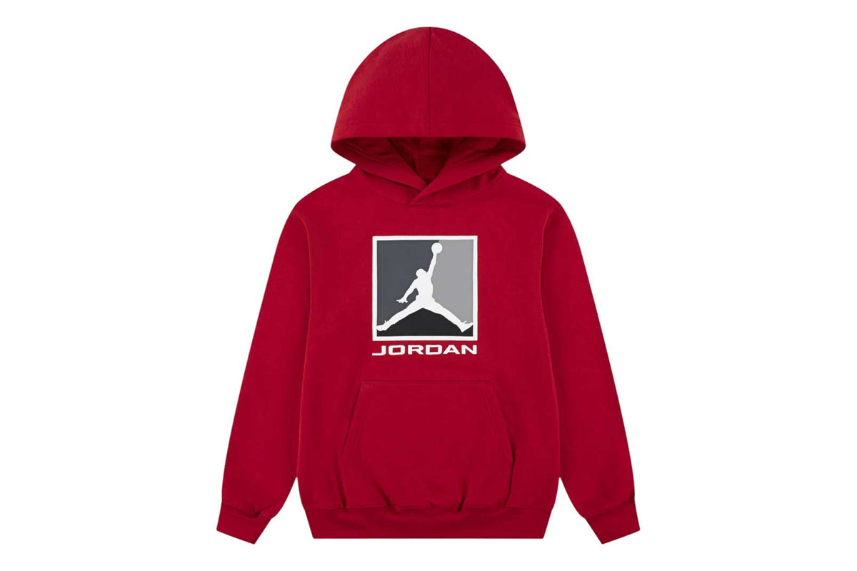 Hoodie - Jordan rouge à capuche coton polyester avec logo blanc et gris, style sport, vue de face, taille enfant garçon