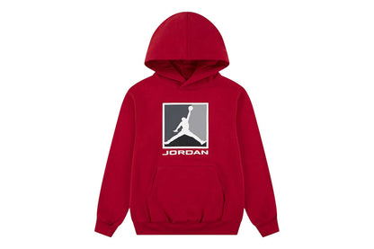 Hoodie - Jordan rouge à capuche coton polyester avec logo blanc et gris, style sport, vue de face, taille enfant garçon