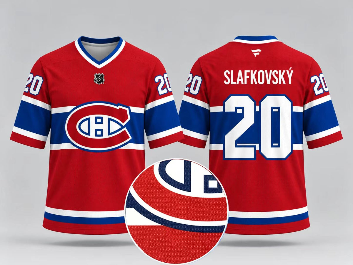 Jersey manches courtes - Slafkovsky - PROMO 2 pour 50$, rouge, bleu et blanc, vues de face et de dos, détail du tissu