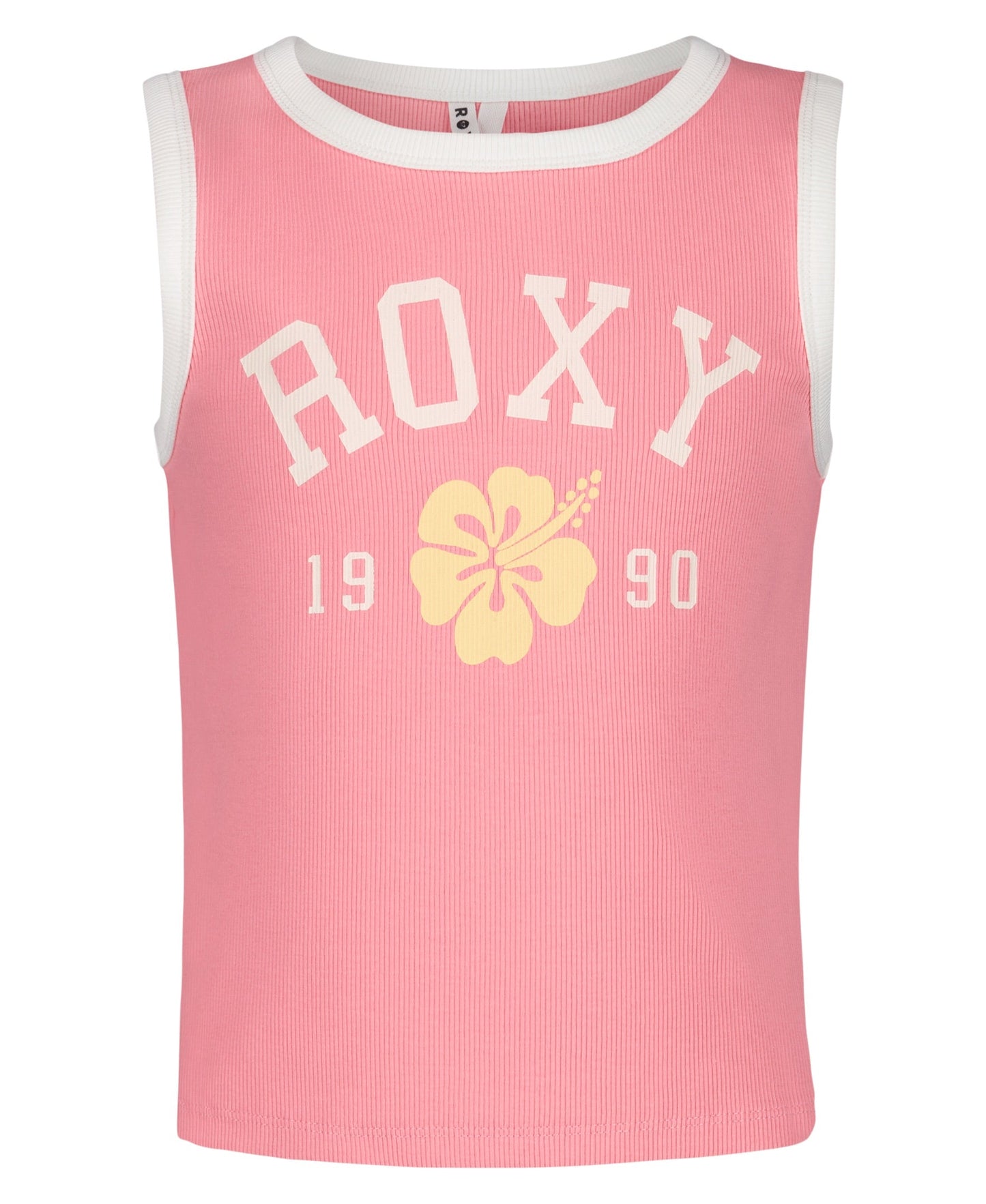 Camisole - Roxy rose à bords blancs en coton avec inscription et fleur jaune, pour enfant, vue de face, portrait vertical.