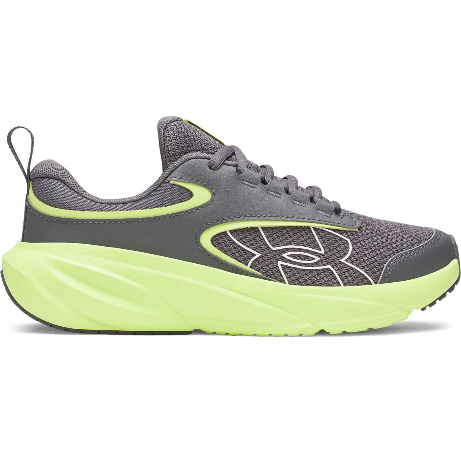 Espadrilles UA Surge 5 - Under Armour gris et vert clair, style sportif avec empeigne en mesh et semelle épaisse, vue de profil.