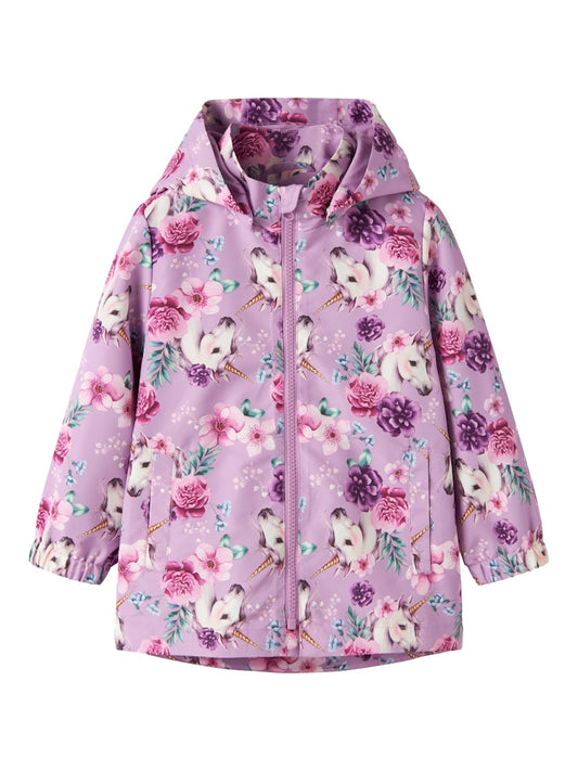 Manteau Mi-Saison - Name It lilas avec imprimé licornes et fleurs roses et violettes, coupe-vent, pour enfant, vue de face.
