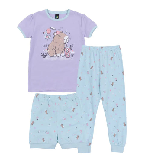Pyjama 3 mcx - Nanö en jersey coton, T-shirt violet à manches courtes et pantalon plus short bleu imprimés, image galerie 1.