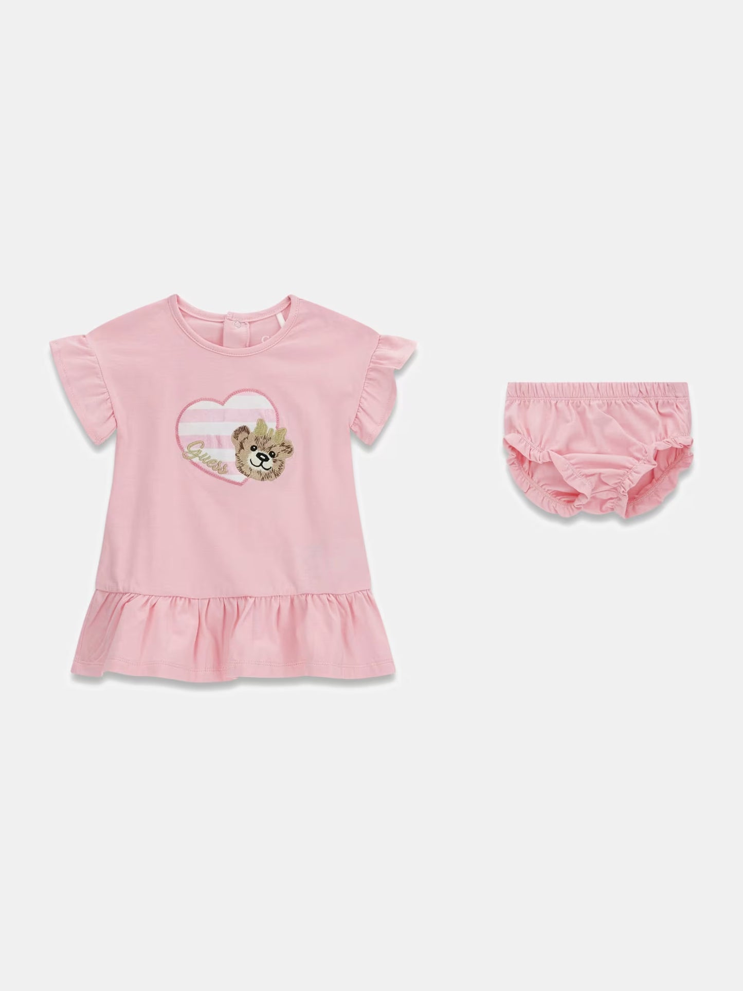 Robe + Culotte - Guess rose en coton pour bébé fille avec motif cœur et ours, vue de face, manches courtes et volant bas.