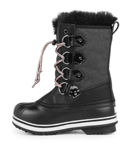 Bottes d'hiver - Acton Cortina noires et grises avec fourrure noire, lacets roses, matériau synthétique, pour fille, vue de profil droit.