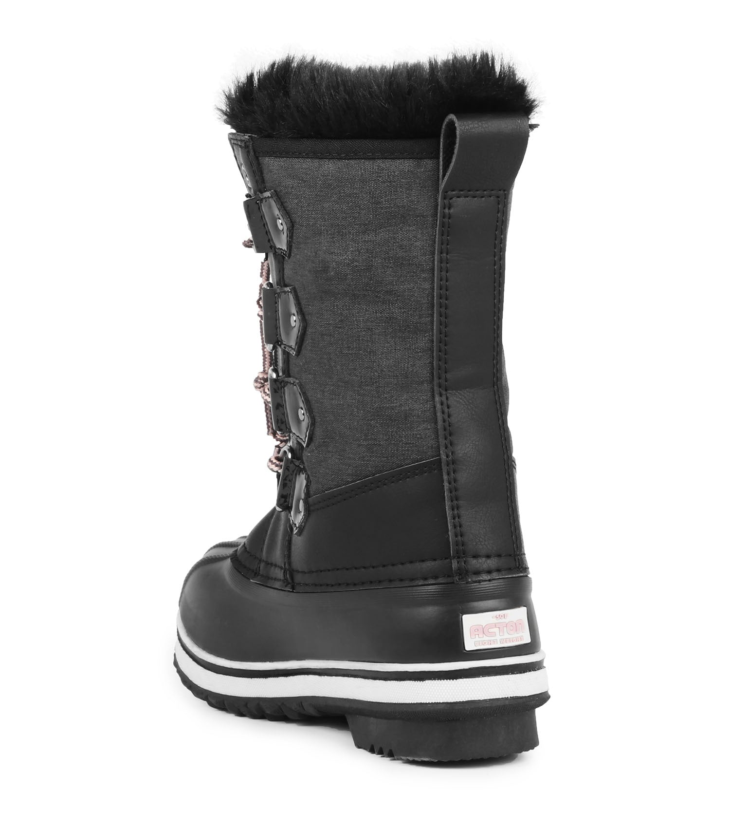 Bottes d'hiver - Acton Cortina noires et gris foncé en cuir synthétique et nylon, fourrure noire, pour fille, vue arrière côté droit.