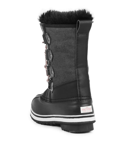 Bottes d'hiver - Acton Cortina noires et gris foncé en cuir synthétique et nylon, fourrure noire, pour fille, vue arrière côté droit.