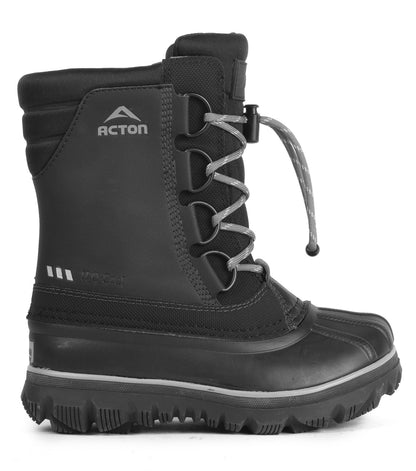 Bottes d'hiver - Acton Rock noires et grises en cuir synthétique et nylon, style lacé avec insertions réfléchissantes, vue de profil droit
