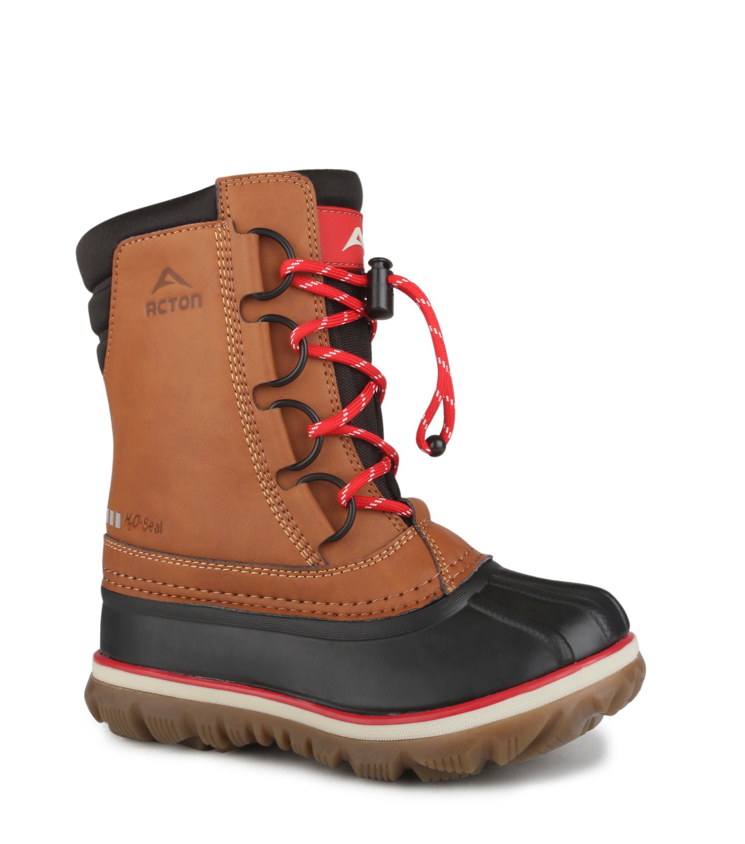 Bottes d'hiver - Acton Rock en cuir synthétique marron et noir, lacets rouges, isolation, vue de profil droit enfant.