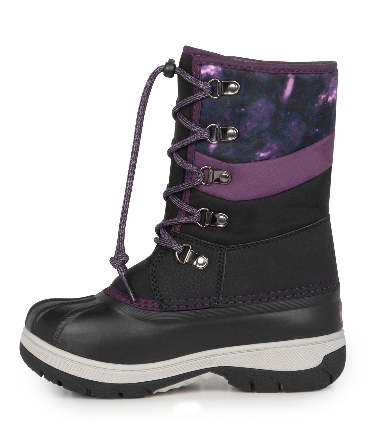 Bottes d'hiver Gummy - Acton en cuir synthétique noir et tissu violet imprimé, lacets, pour enfant, vue de profil gauche