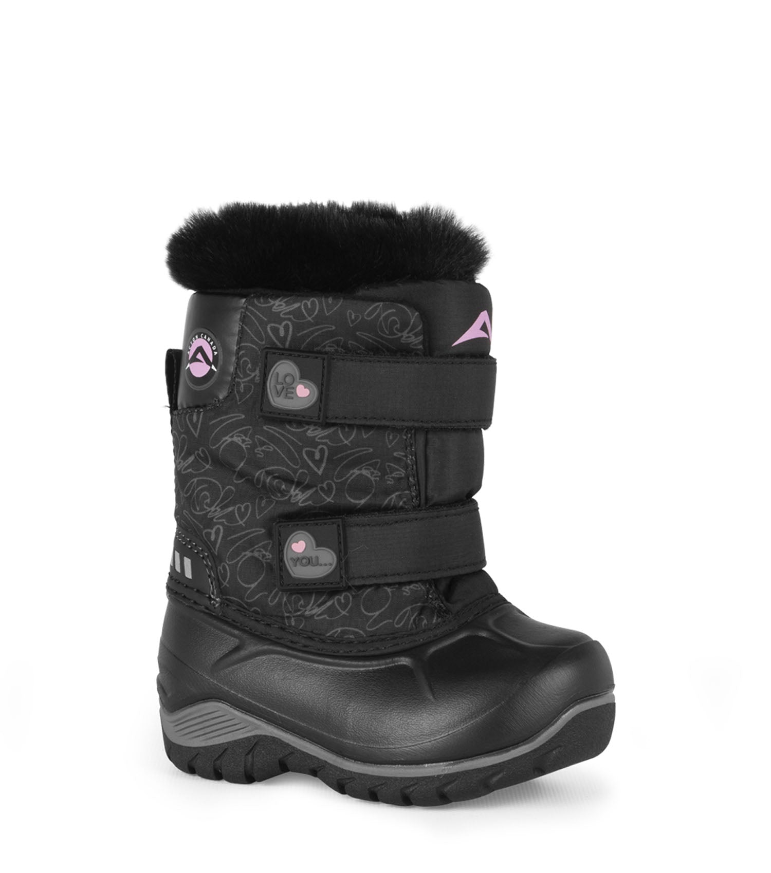 Bottes d'hiver - Acton Funky noires avec doublure fourrure, motifs cœurs roses, fermeture double bandes, pour fille, vue de profil gauche