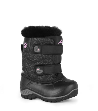 Bottes d'hiver - Acton Funky noires avec doublure fourrure, motifs cœurs roses, fermeture double bandes, pour fille, vue de profil gauche