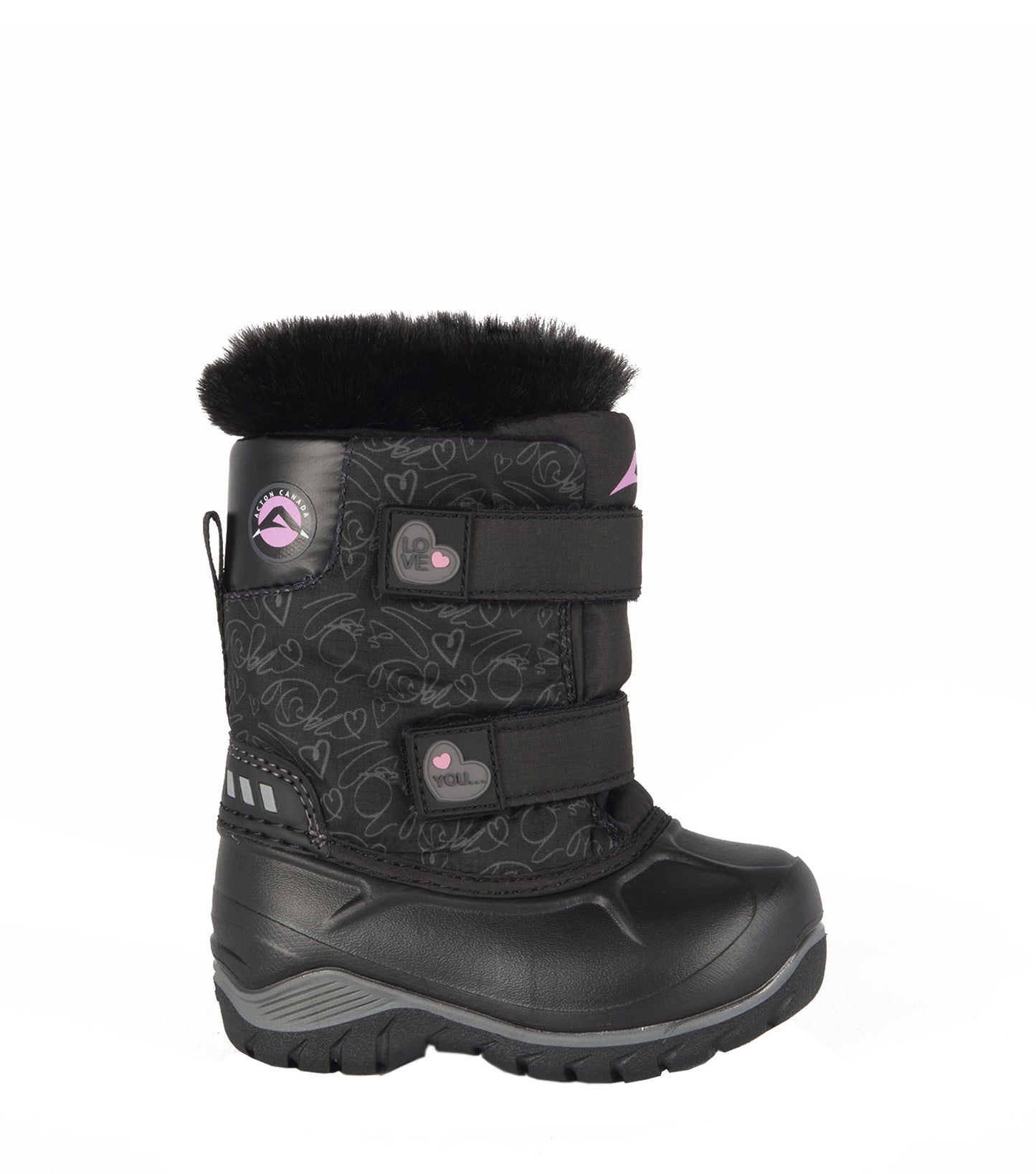 Bottes d'hiver - Acton Funky noires avec motifs gris et roses, fourrure au col, fermeture double bande autoagrippante, pour fille, vue de profil droit