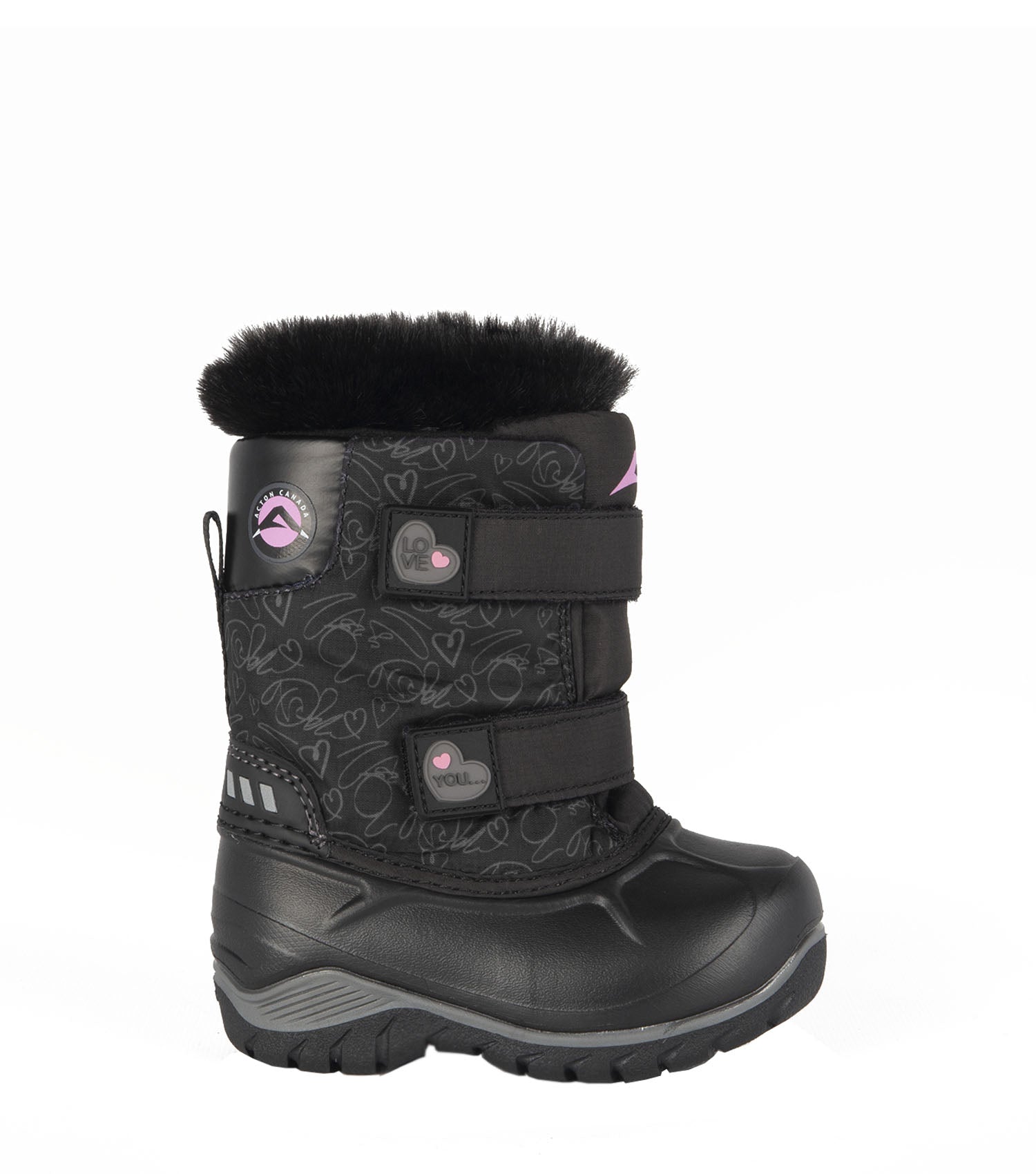 Bottes d'hiver - Acton Funky noires avec motifs gris et roses, fourrure au col, fermeture double bande autoagrippante, pour fille, vue de profil droit