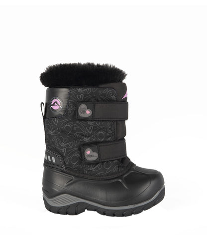 Bottes d'hiver - Acton Funky noires avec motifs gris et roses, fourrure au col, fermeture double bande autoagrippante, pour fille, vue de profil droit