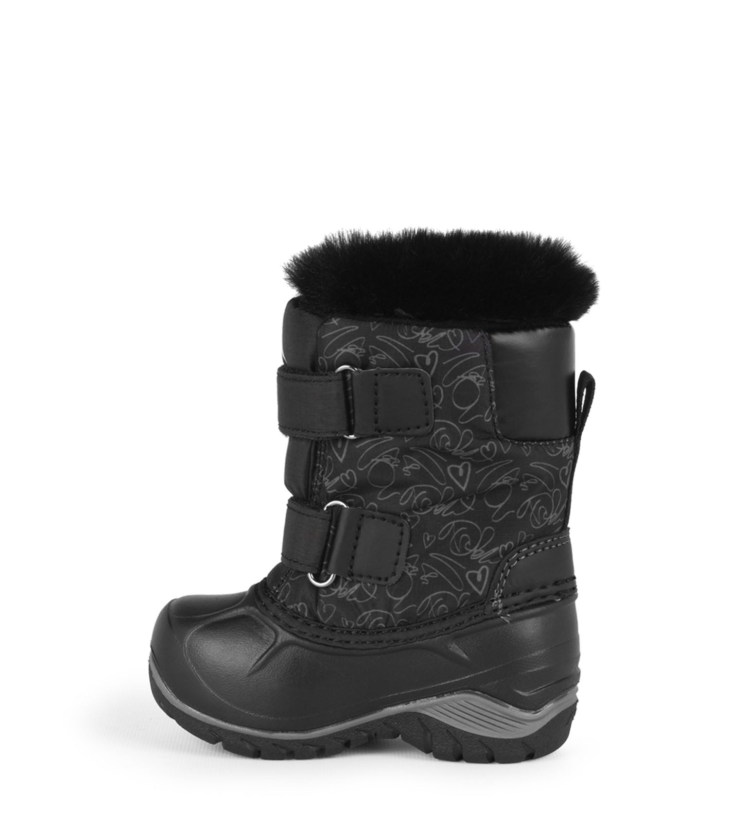 Bottes d'hiver - Acton Funky noires avec motifs cœurs gris, fourrure noire, fermeture double bandes autoagrippantes, pour fille, vue de profil gauche