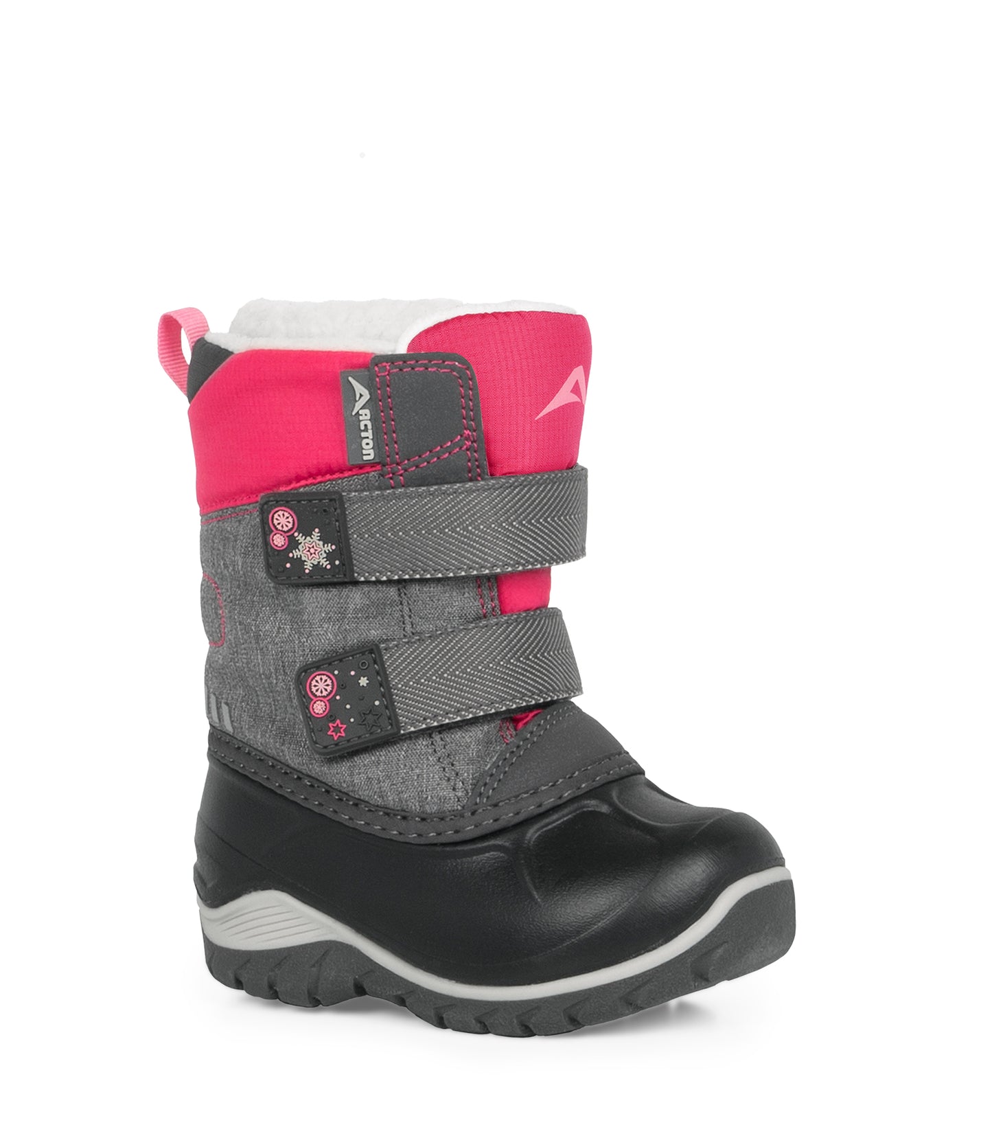 Bottes d'hiver Kiddy - Acton grises, noires et roses, cuir synthétique et nylon, bandes autoagrippantes, pour fille, vue de profil droit.