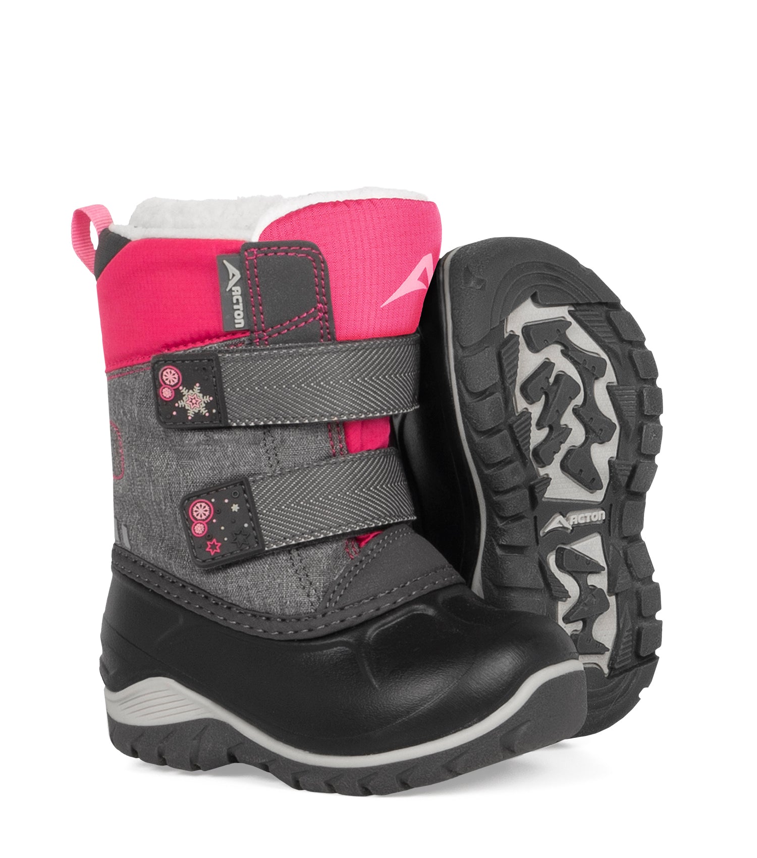 Bottes d'hiver Kiddy - Acton roses et grises en cuir synthétique et nylon, double bandes autoagrippantes, pour fille, vue de profil et semelle dessous.