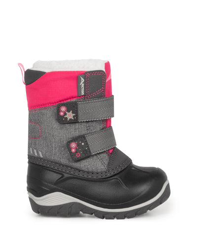 Bottes d'hiver Kiddy - Acton grises, noires et roses, cuir synthétique et nylon, doublure chaude, pour fille, vue de profil droit.