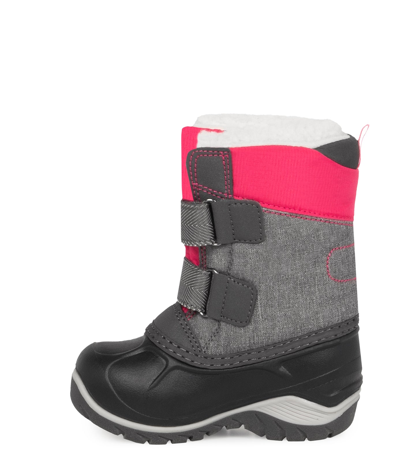 Bottes d'hiver Kiddy - Acton grises et roses en cuir synthétique et nylon pour fille, fermeture à bandes autoagrippantes, vue de profil droit.