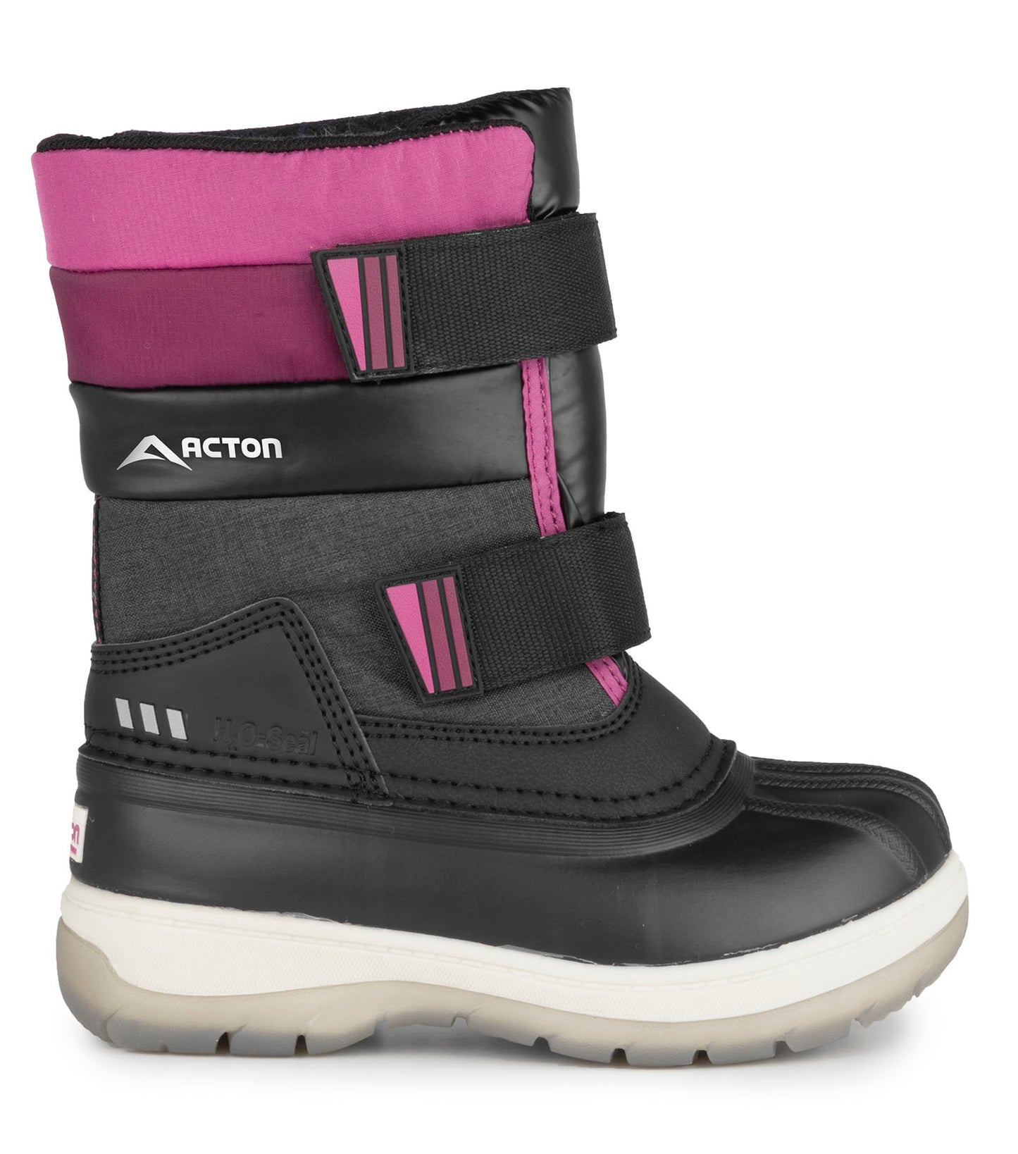 Bottes d'hiver Bubblegum - Acton noires et roses en nylon et cuir synthétique, fermeture par bandes autoagrippantes, pour fille, vue de profil droit