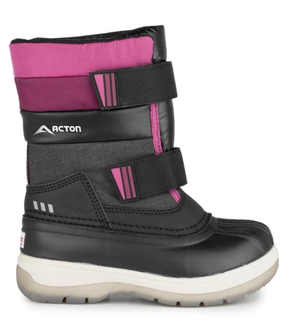 Bottes d'hiver Bubblegum - Acton noires et roses en nylon et cuir synthétique, fermeture par bandes autoagrippantes, pour fille, vue de profil droit