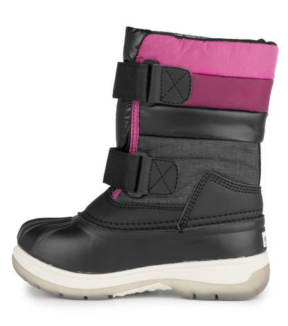 Bottes d'hiver Bubblegum - Acton noires avec rose et bordeaux, tissu imperméable, fermeture velcro, pour fille, vue de profil droit.