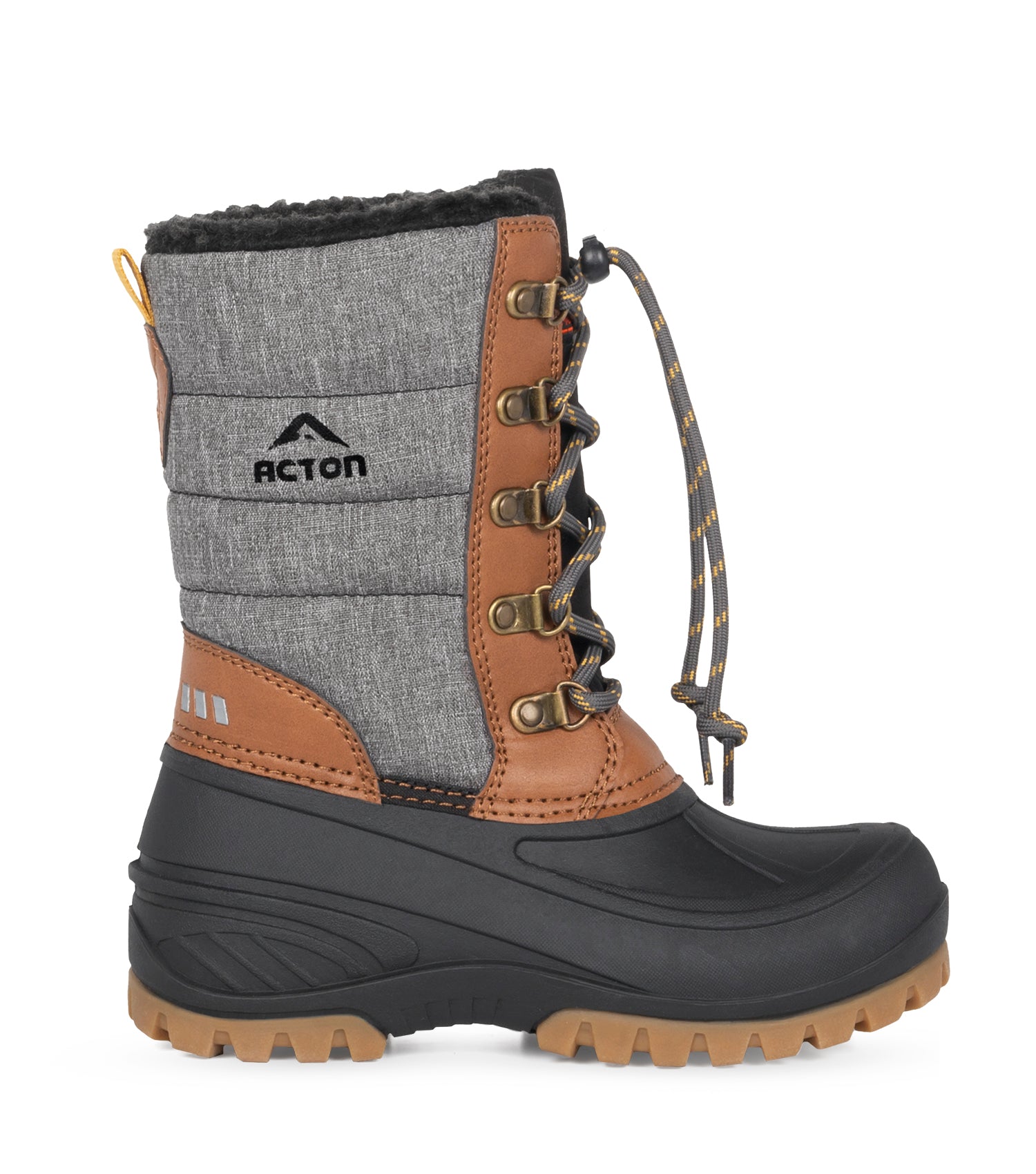 Bottes d'hiver Energy - Acton grises et brunes en cuir synthétique et nylon, doublure chaude, lacets, vue de profil droit enfant