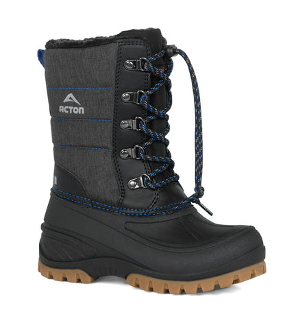 Bottes d'hiver Energy - Acton noires et grises, lacets bleus, semelle crantée beige, doublure chaude, vue de profil droit.