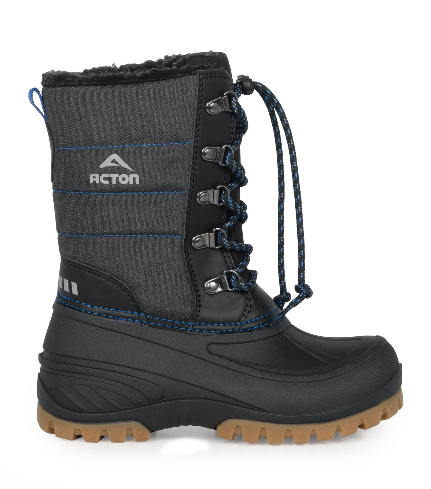Bottes d'hiver Energy - Acton noires et gris foncé, lacets bleus, semelle brun clair antidérapante, vue de profil droit enfant.
