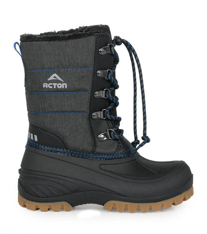 Bottes d'hiver Energy - Acton noires et gris foncé, lacets bleus, semelle brun clair antidérapante, vue de profil droit enfant.