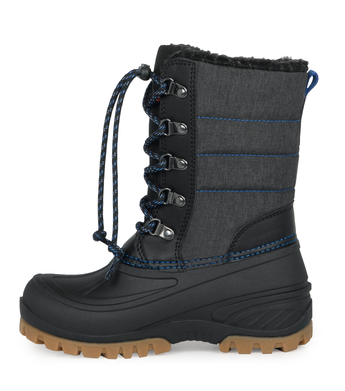 Bottes d'hiver Energy - Acton noires et gris foncé avec lacets bleus, doublure fourrée, vue de profil droit enfant.
