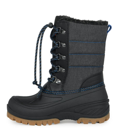 Bottes d'hiver Energy - Acton noires et gris foncé avec lacets bleus, doublure fourrée, vue de profil droit enfant.