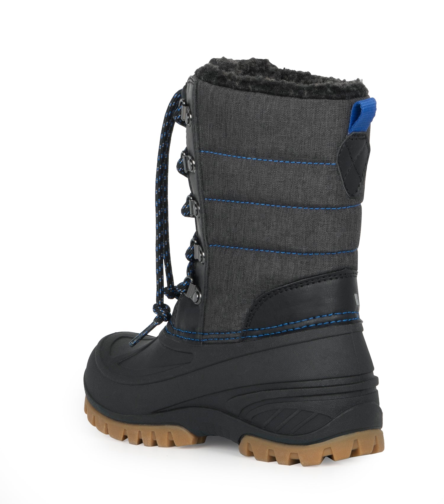 Bottes d'hiver Energy - Acton en cuir synthétique gris et noir, lacets bleus, doublure chaude, vue de profil arrière