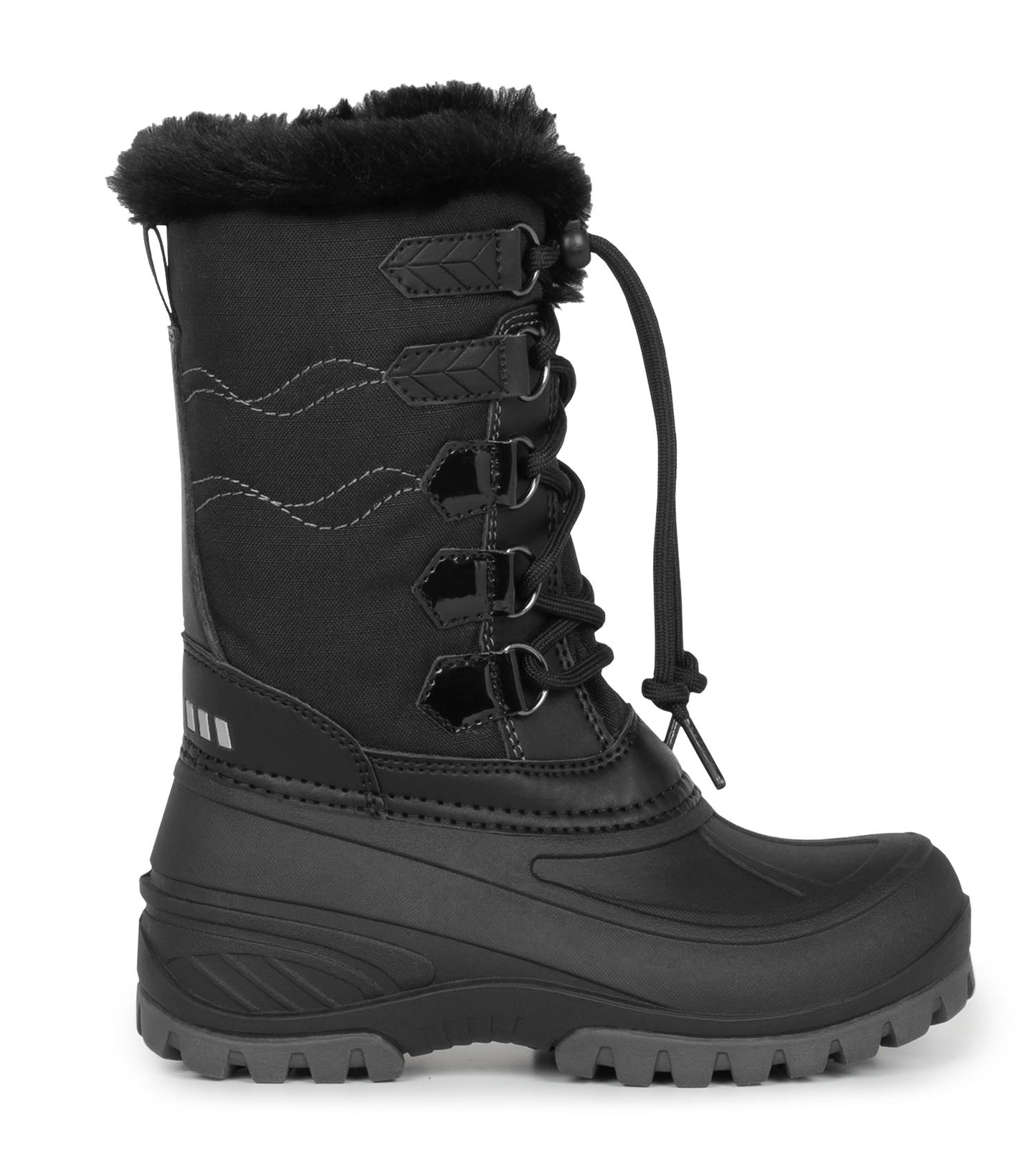 Bottes d'hiver Spark - Acton noires avec doublure fourrure, dessus nylon hydrofuge et semelle crantée, vue de profil droit.