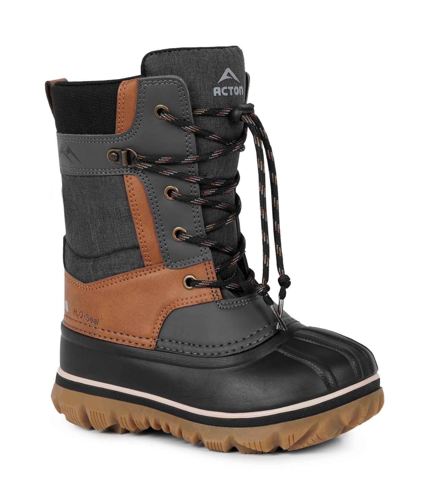 Bottes d'hiver Electro - Acton noire, grise et marron en cuir synthétique imperméable, lacée, vue de profil droit enfant.