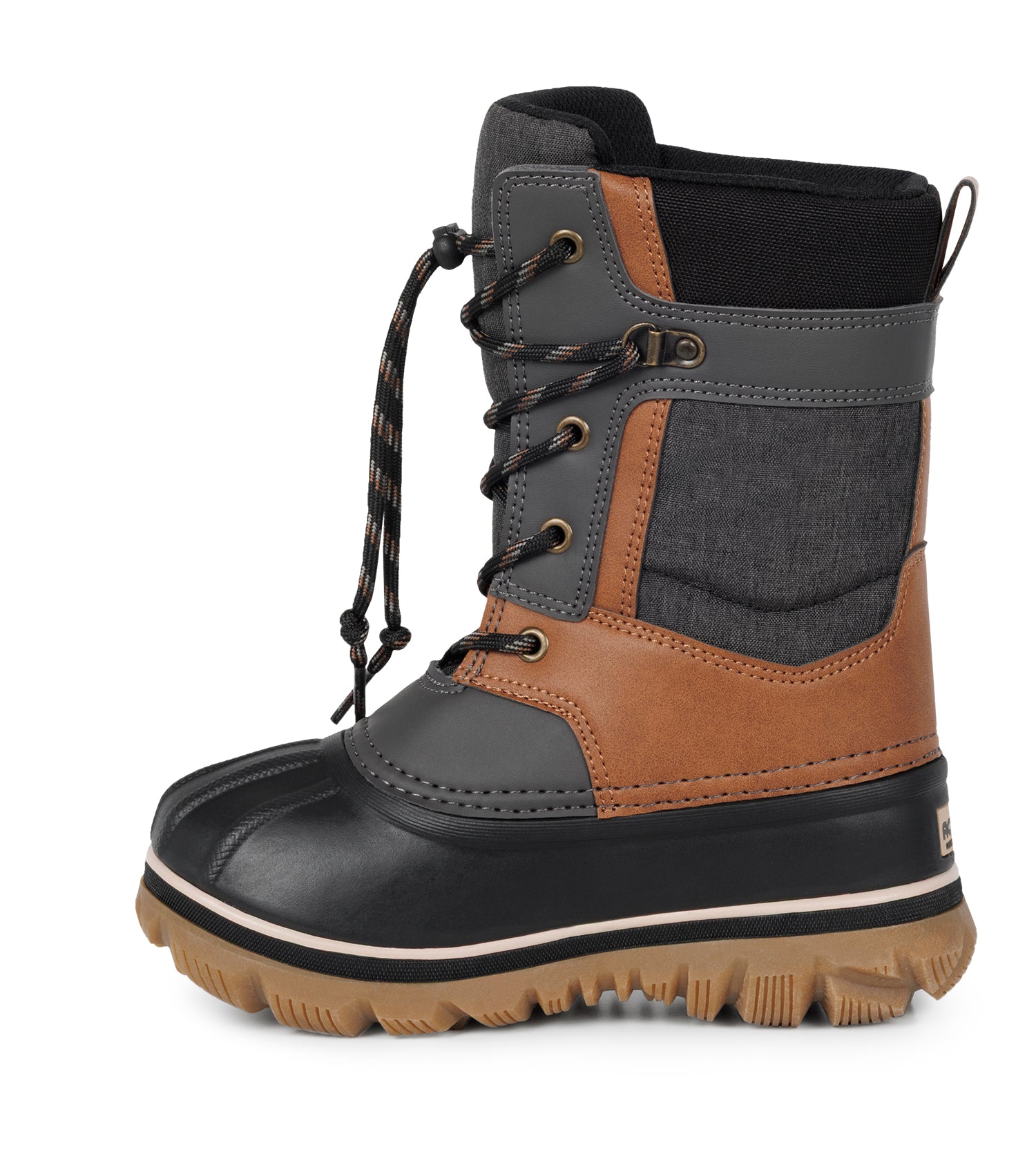 Bottes d'hiver Electro - Acton marron, gris et noir en nylon et cuir synthétique, haute avec lacets, vue de profil droit enfant