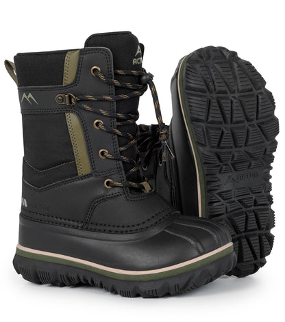 Bottes d'hiver Electro - Acton noires et kaki en cuir synthétique et nylon, semelle antidérapante, vue de face et dessous.