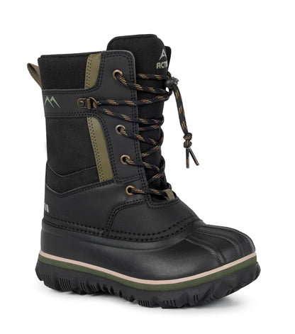 Bottes d'hiver Electro - Acton noires et vertes en cuir synthétique imperméable, lacées avec fermeture barillet, vue de profil droit.