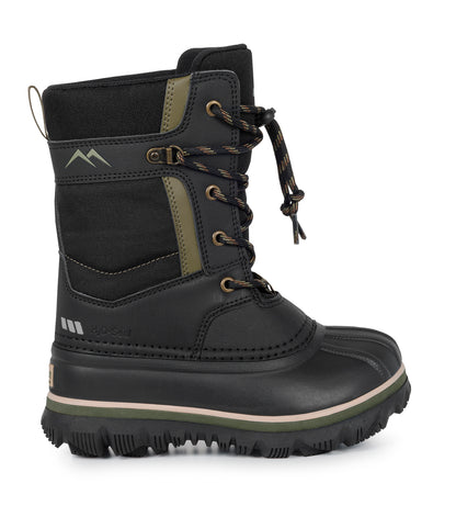 Bottes d'hiver Electro - Acton noires et kaki en cuir synthétique imperméable, lacées avec fermeture à barillet, vue de profil droit.