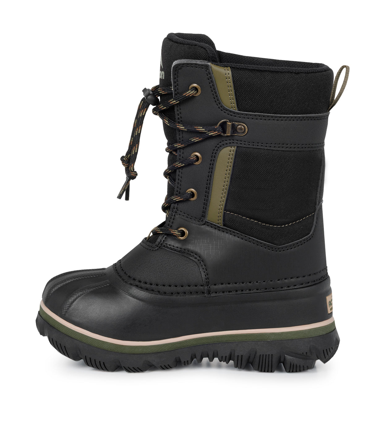 Bottes d'hiver Electro - Acton noires et vertes en cuir synthétique imperméable, lacées, vue de profil droit enfant.