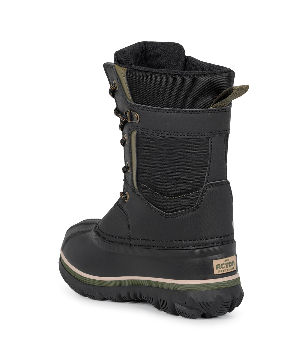 Bottes d'hiver Electro - Acton noires avec détails kaki, cuir synthétique imperméable, style enfant, vue arrière angle droit