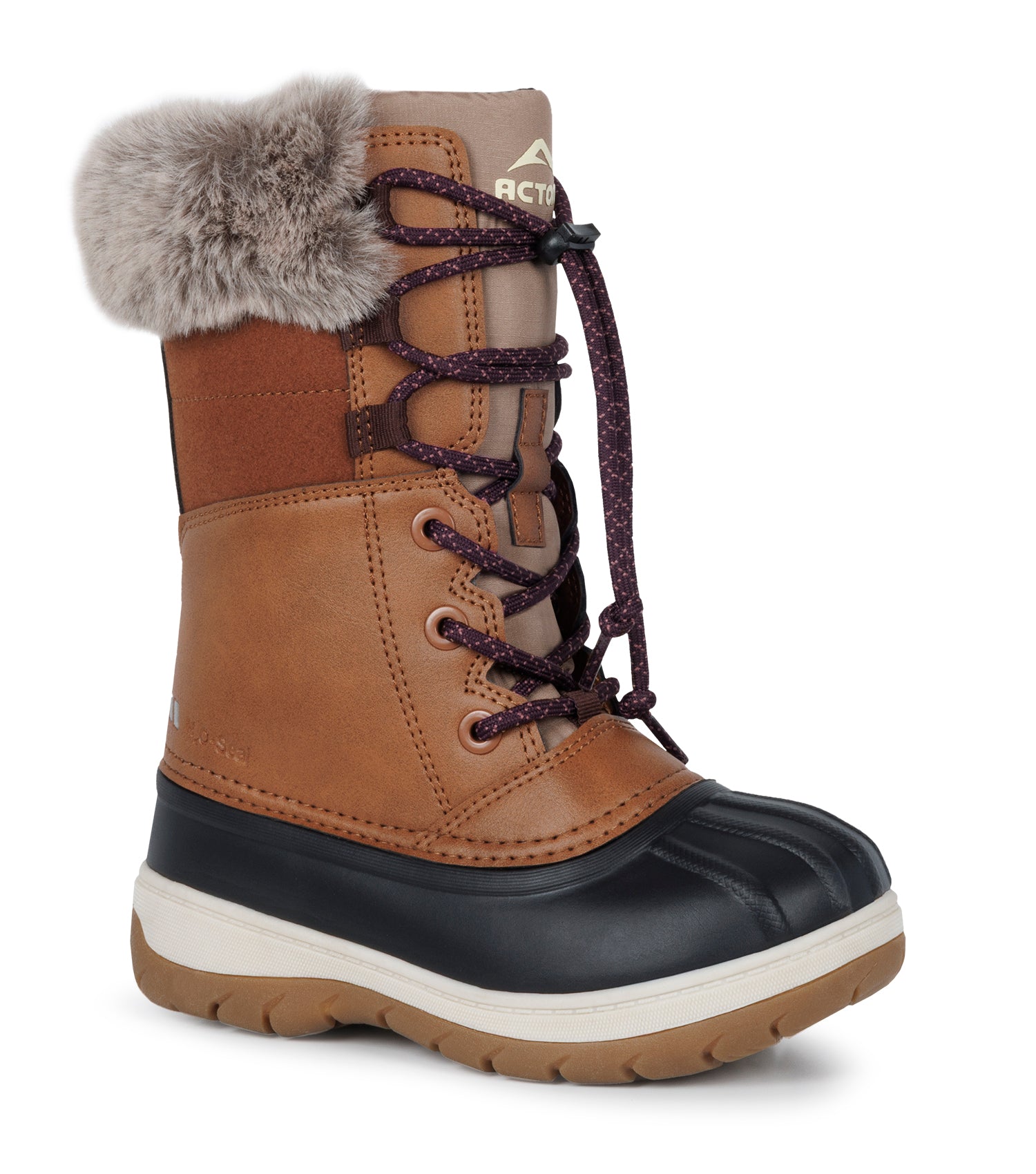 Bottes d'hiver Fizz - Acton fille en cuir synthétique marron, imperméable, fourrure grise, vue de profil droit