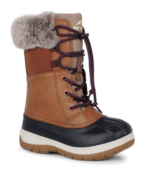 Bottes d'hiver Fizz - Acton fille en cuir synthétique marron, imperméable, fourrure grise, vue de profil droit