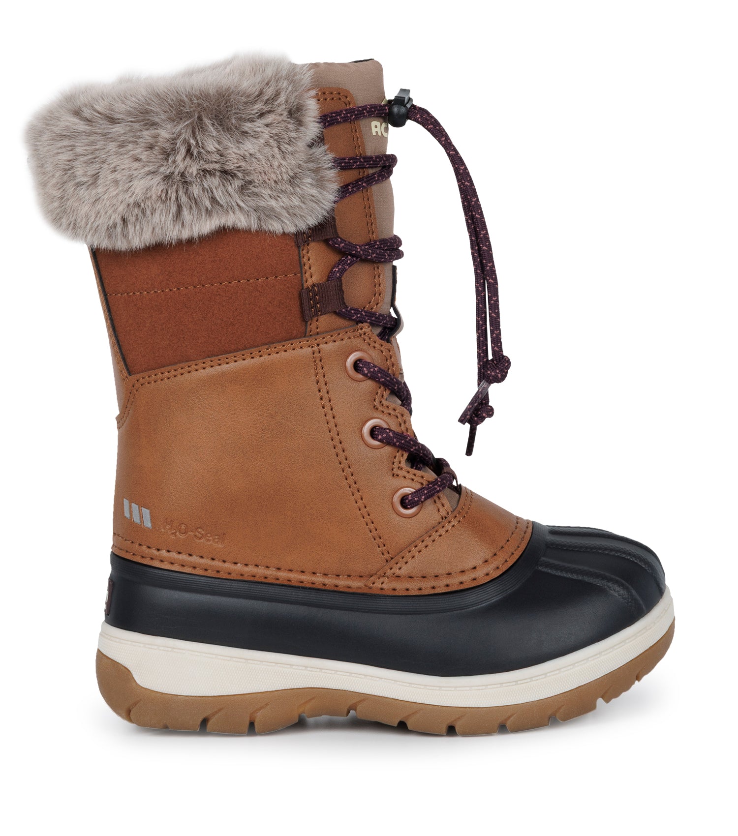 Bottes d'hiver Fizz - Acton marron et noir avec col fausse fourrure beige, lacets, pour fille, vue de profil gauche
