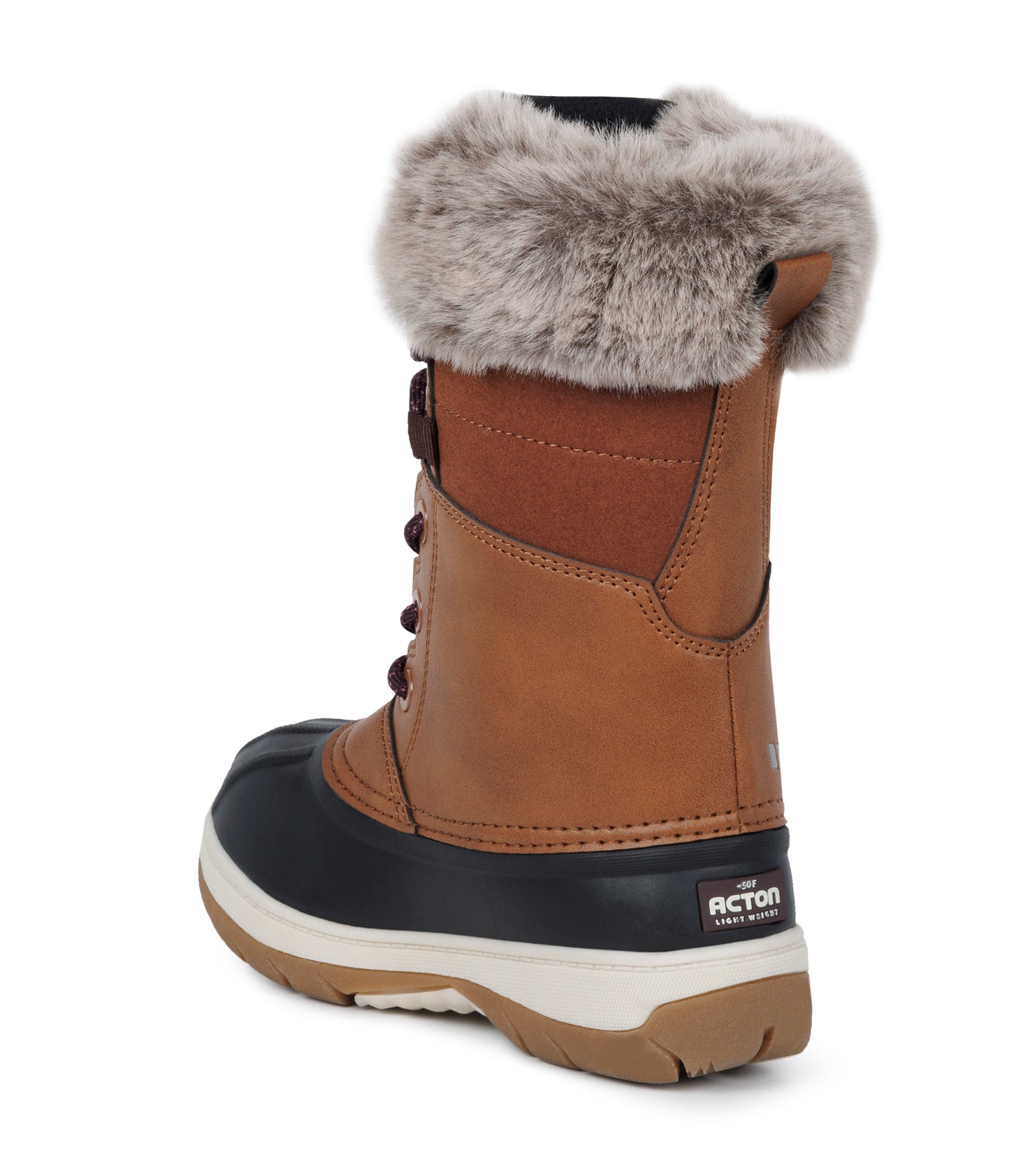 Bottes d'hiver Fizz - Acton marron et noir avec col fausse fourrure beige, cuir synthétique et nylon, pour fille, vue arrière côté droit.