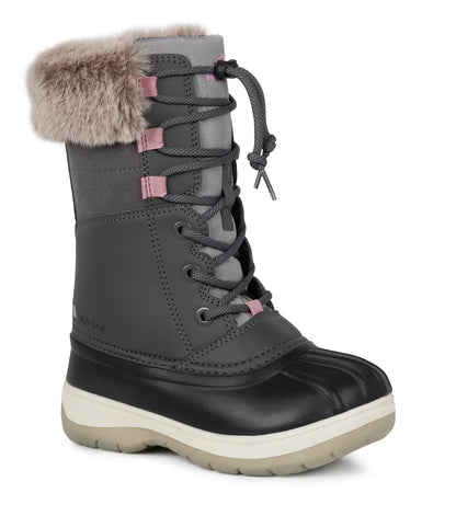 Bottes d'hiver Fizz - Acton grises et noires à col fourrure beige, lacets roses, cuir synthétique, pour fille, vue de profil gauche