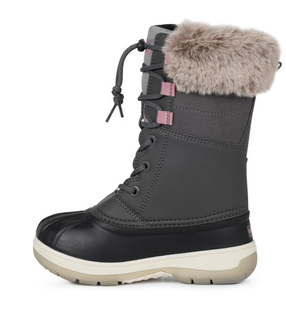 Bottes d'hiver Fizz - Acton grises avec col fausse fourrure beige, lacets, semelle blanche, pour fille, vue de profil droit