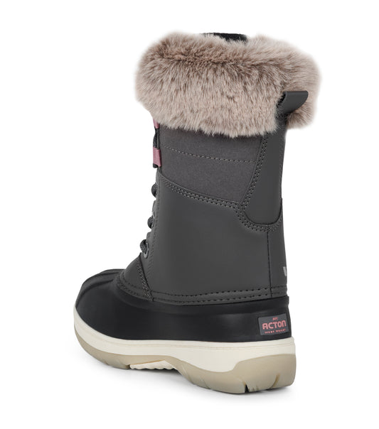 Bottes d'hiver Fizz - Acton grises avec col fourrure beige, lacets noirs, semelle blanche, pour fille, vue arrière côté droit.
